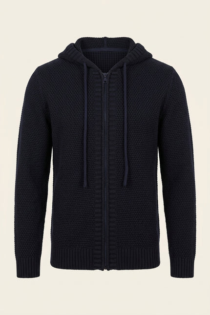 Waffle Hooded Cardigan - Navy - Front