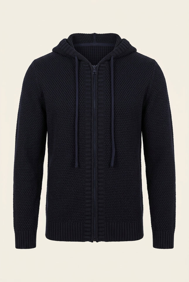 Waffle Hooded Cardigan - Navy - Front