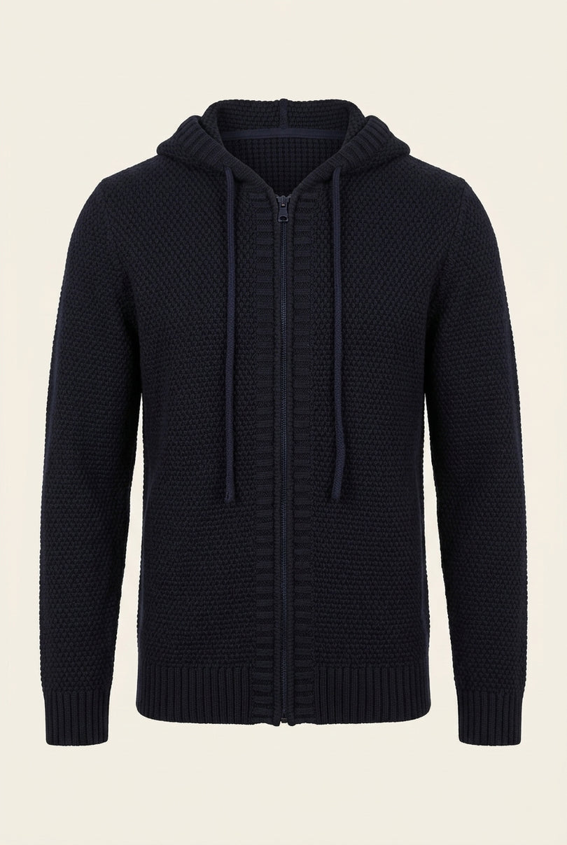 Waffle Hooded Cardigan - Navy - Front