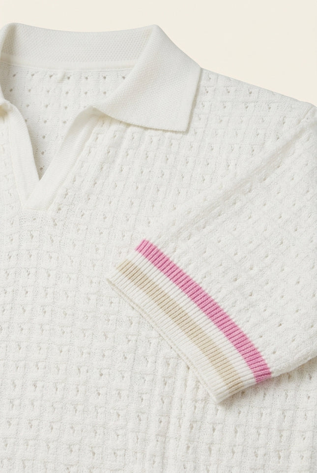 Waffle Knit Polo Shirt - White - Detail