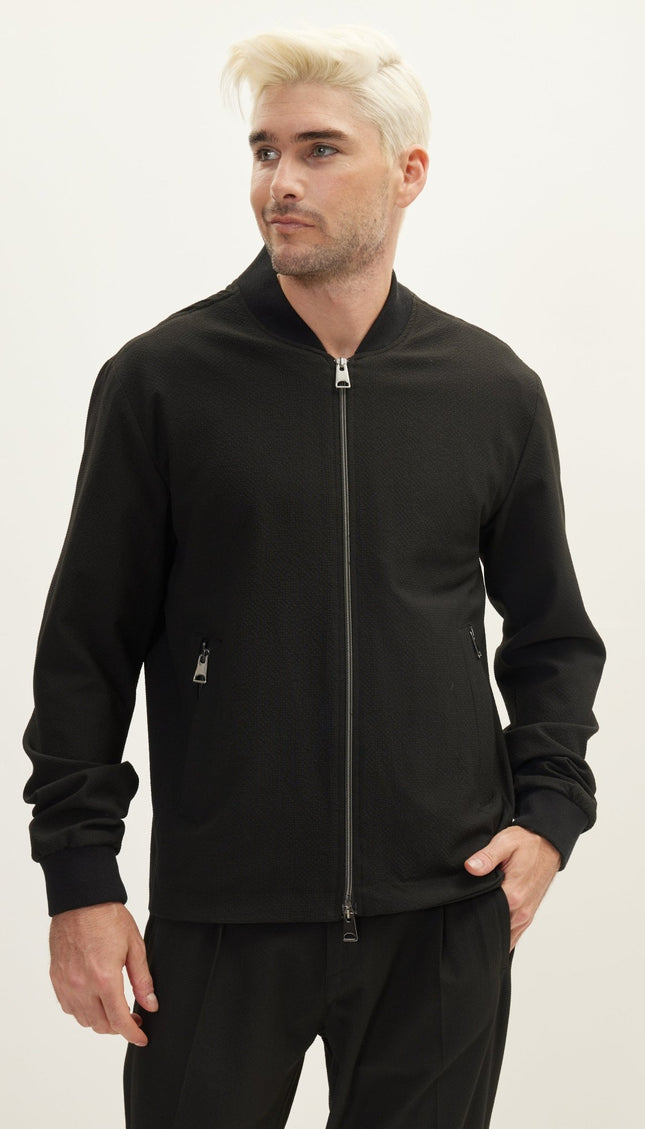 Waffle Stretch Beach Day Bomber Jacket - Black - Ron Tomson