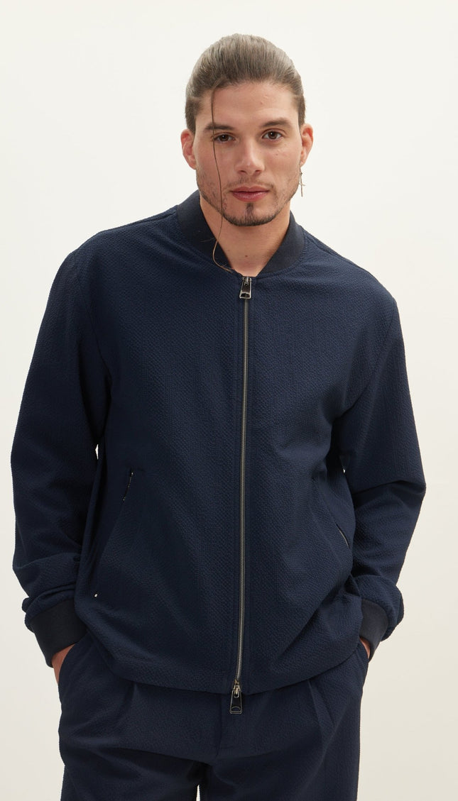 Waffle Stretch Beach Day Bomber Jacket - Navy - Ron Tomson