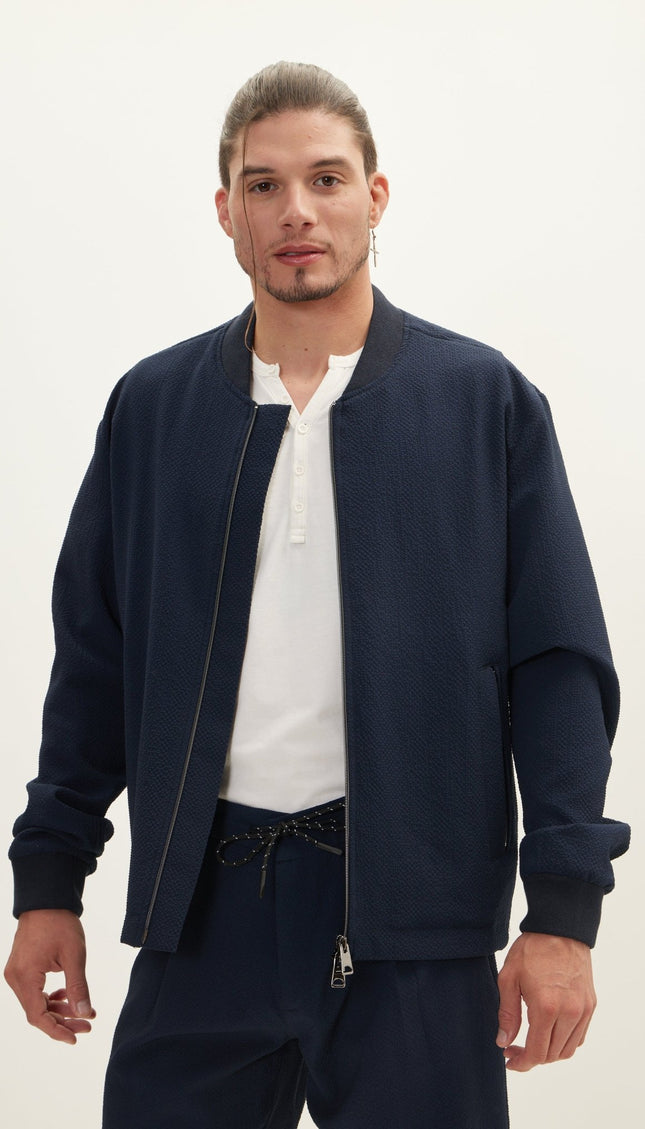 Waffle Stretch Beach Day Bomber Jacket - Navy - Ron Tomson