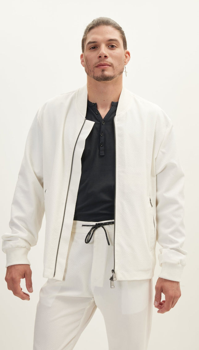 Waffle Stretch Beach Day Bomber Jacket - Off White - Ron Tomson