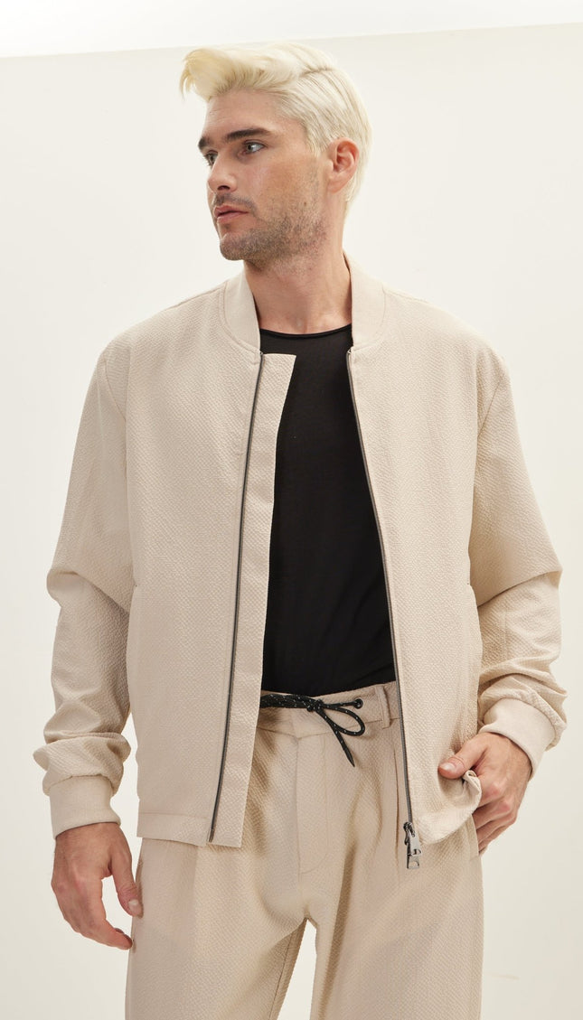 Waffle Stretch Beach Day Bomber Jacket - Stone - Ron Tomson