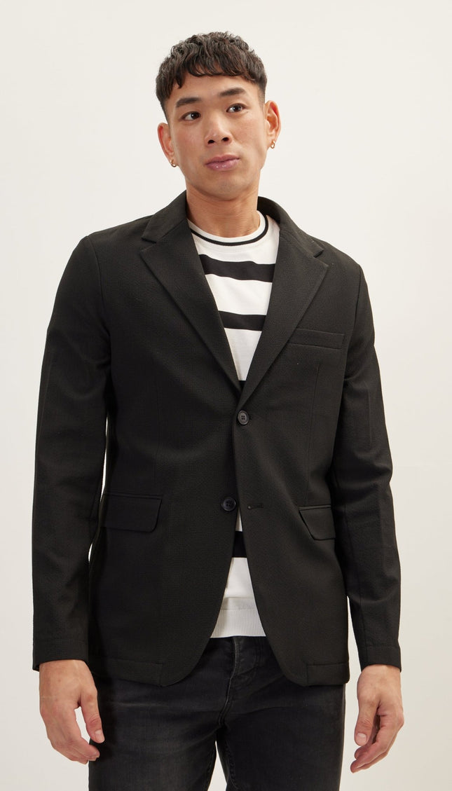 Waffle Stretch Beach Day Notch Lapel Jacket - Black - Ron Tomson