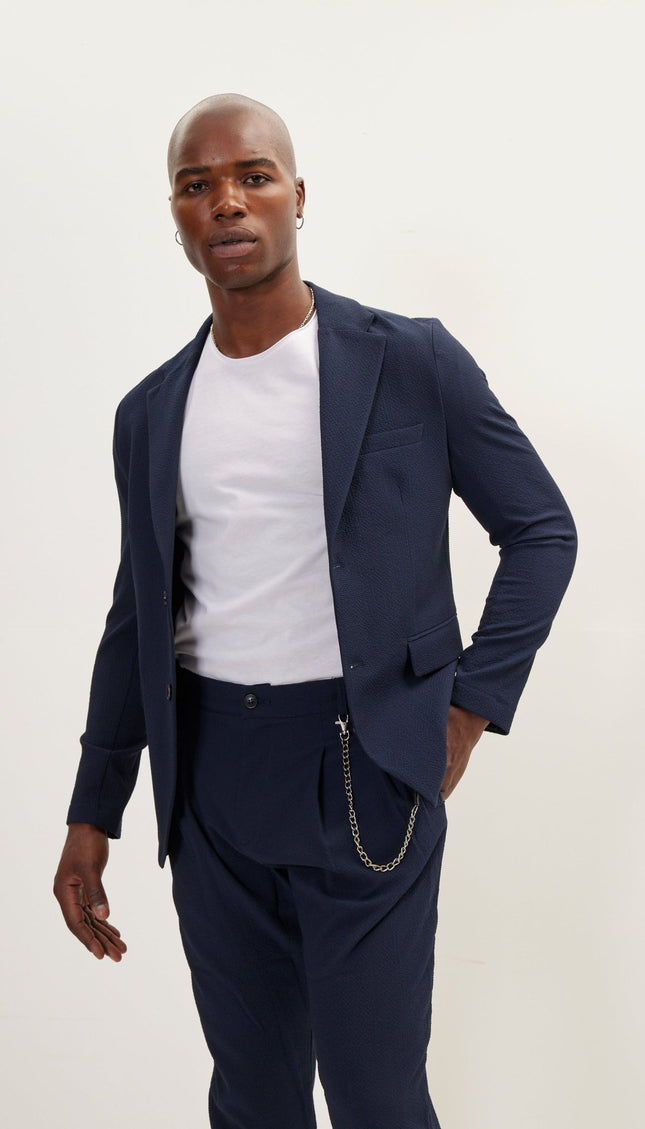 Waffle Stretch Beach Day Notch Lapel Jacket - Navy - Ron Tomson