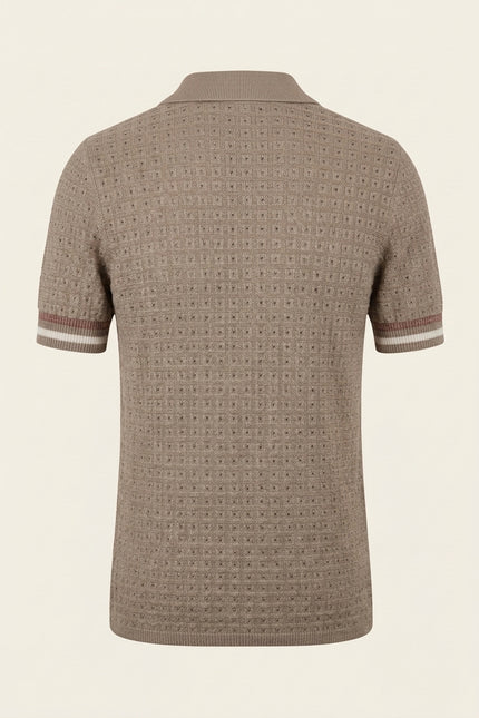 Waffled Short Sleeve Polo Shirt - Taupe - Back