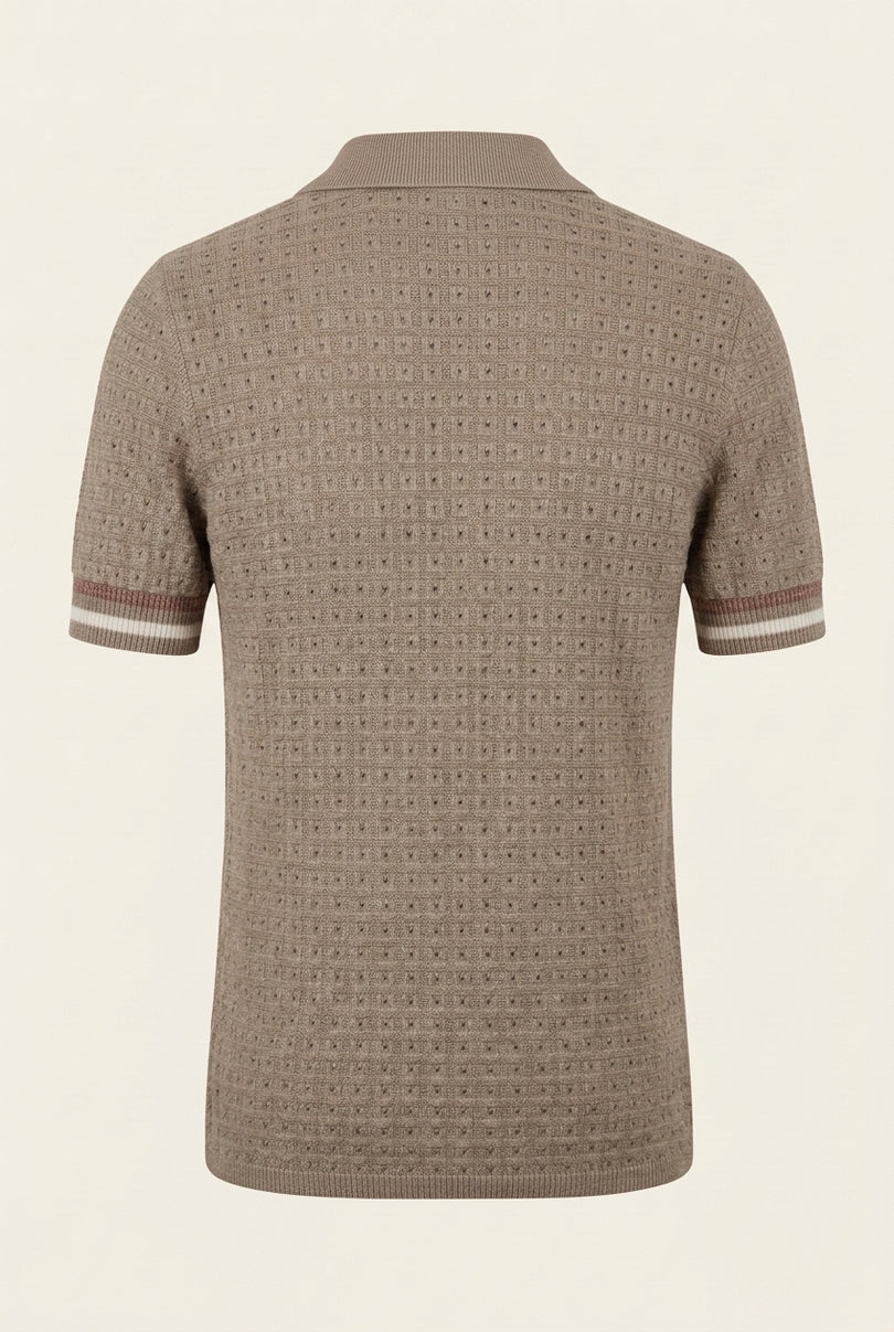Waffled Short Sleeve Polo Shirt - Taupe - Back