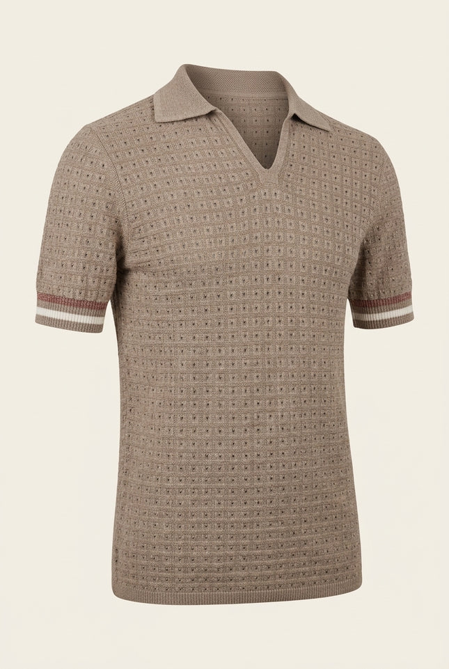 Waffled Short Sleeve Polo Shirt - Taupe - Front