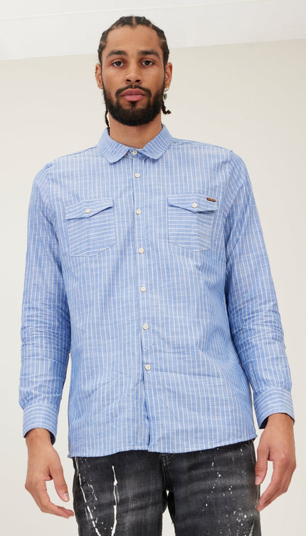 Western Striped Cotton Shirt - Dark Blue - Ron Tomson