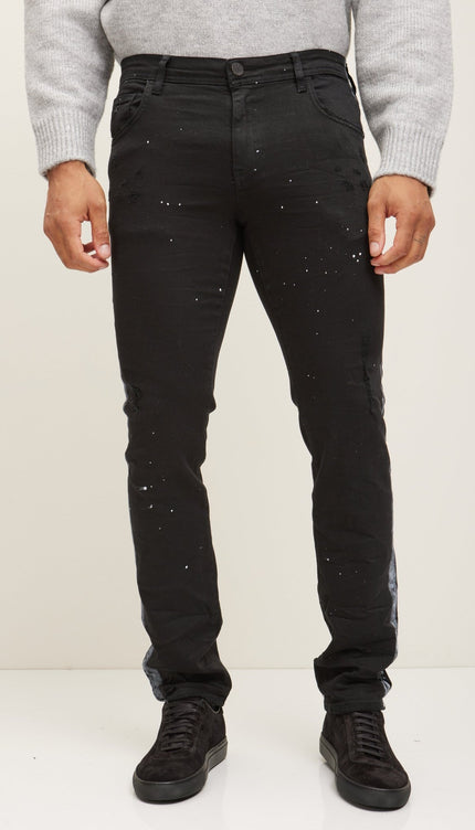 White Paint Splattered Side Striped Jeans - Black - Ron Tomson