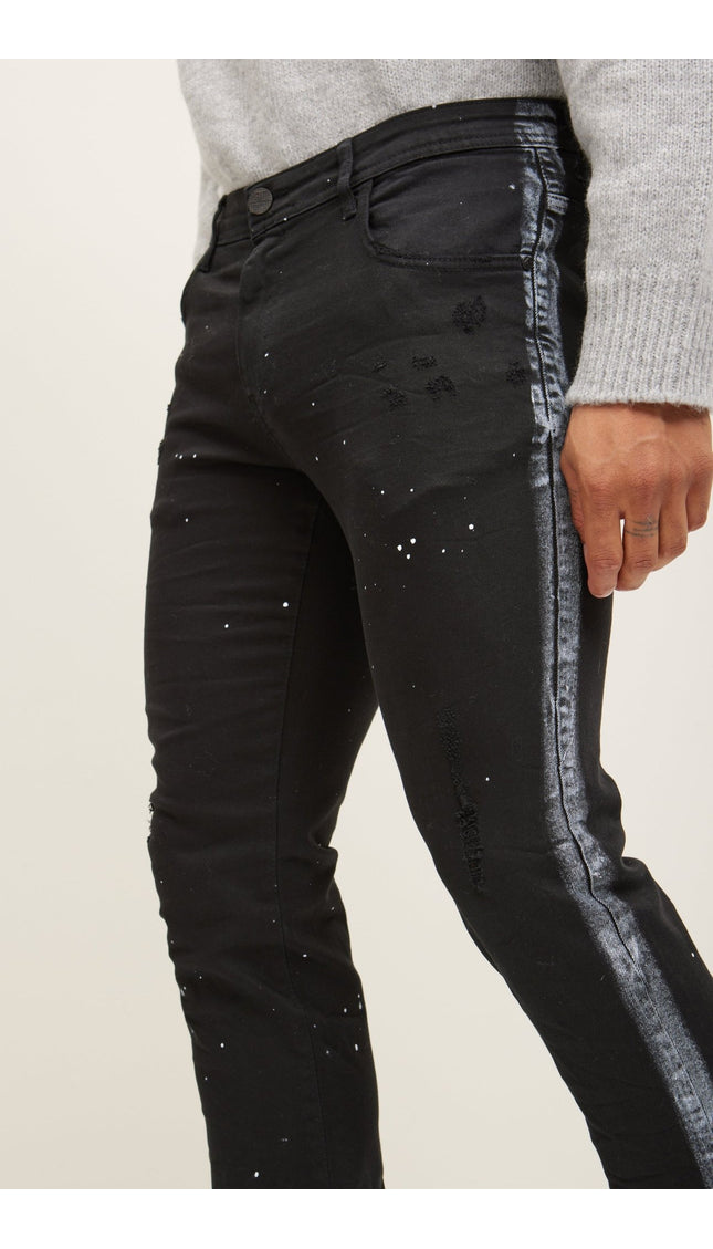 White Paint Splattered Side Striped Jeans - Black - Ron Tomson