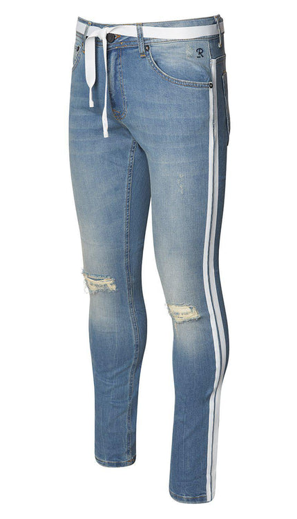 White Side Stripe Slim Fit Jeans - Blue White - Ron Tomson