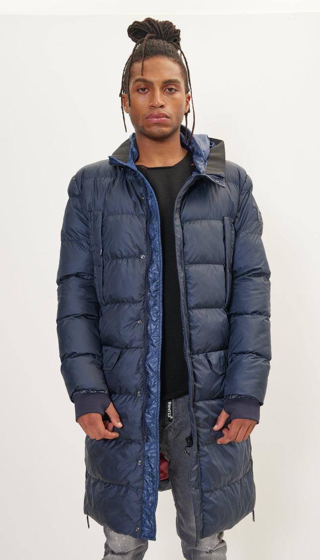 Wide Hooded Long Padded Coat - Navy - Ron Tomson