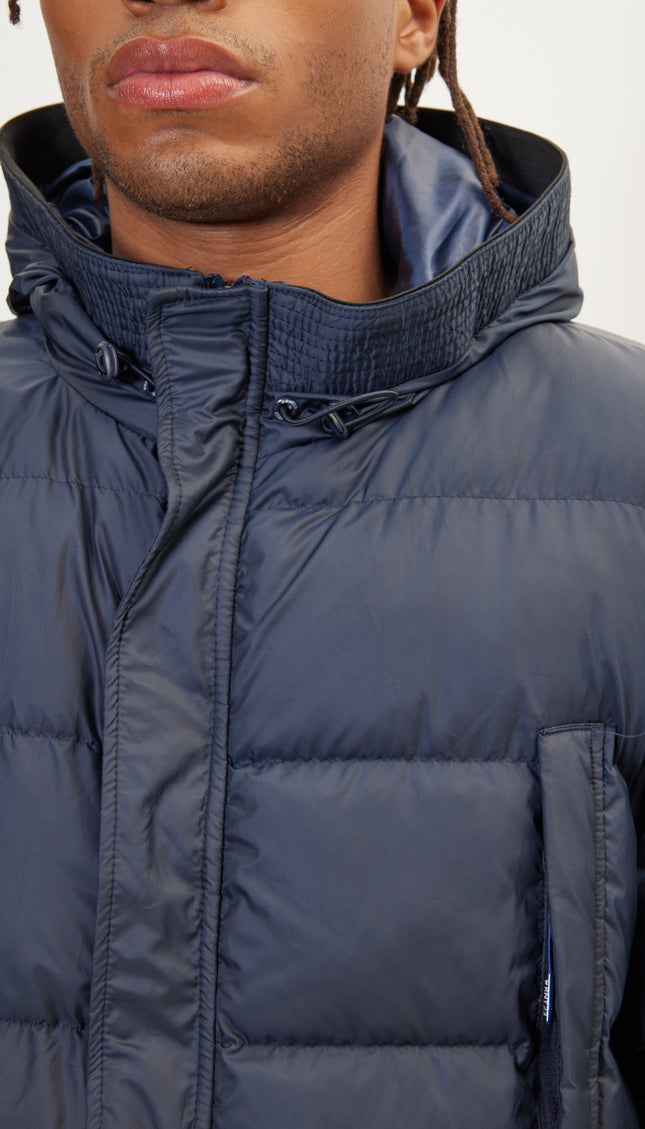 Wide Hooded Long Padded Coat - Navy - Ron Tomson