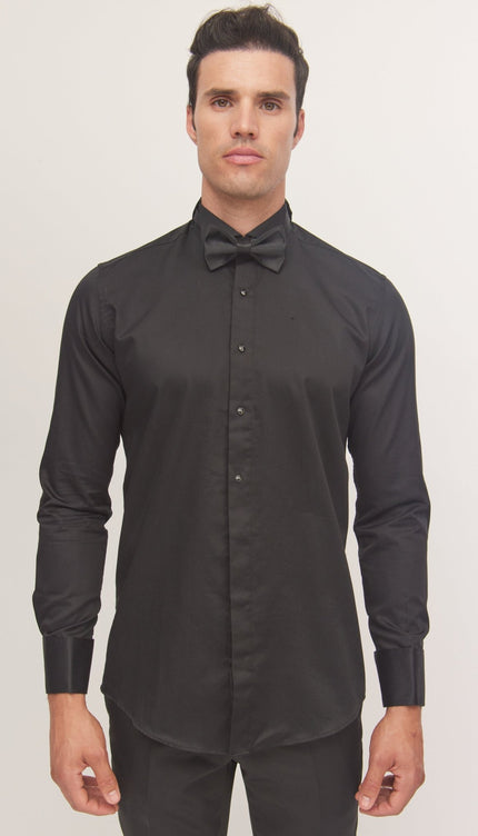 Wing Classical Top Front Stud Tuxedo Shirt - Black - Ron Tomson