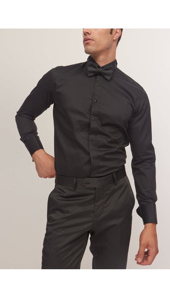 Wing Classical Top Front Stud Tuxedo Shirt - Black - Ron Tomson