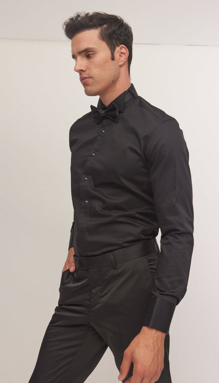 Wing Classical Top Front Stud Tuxedo Shirt - Black - Ron Tomson