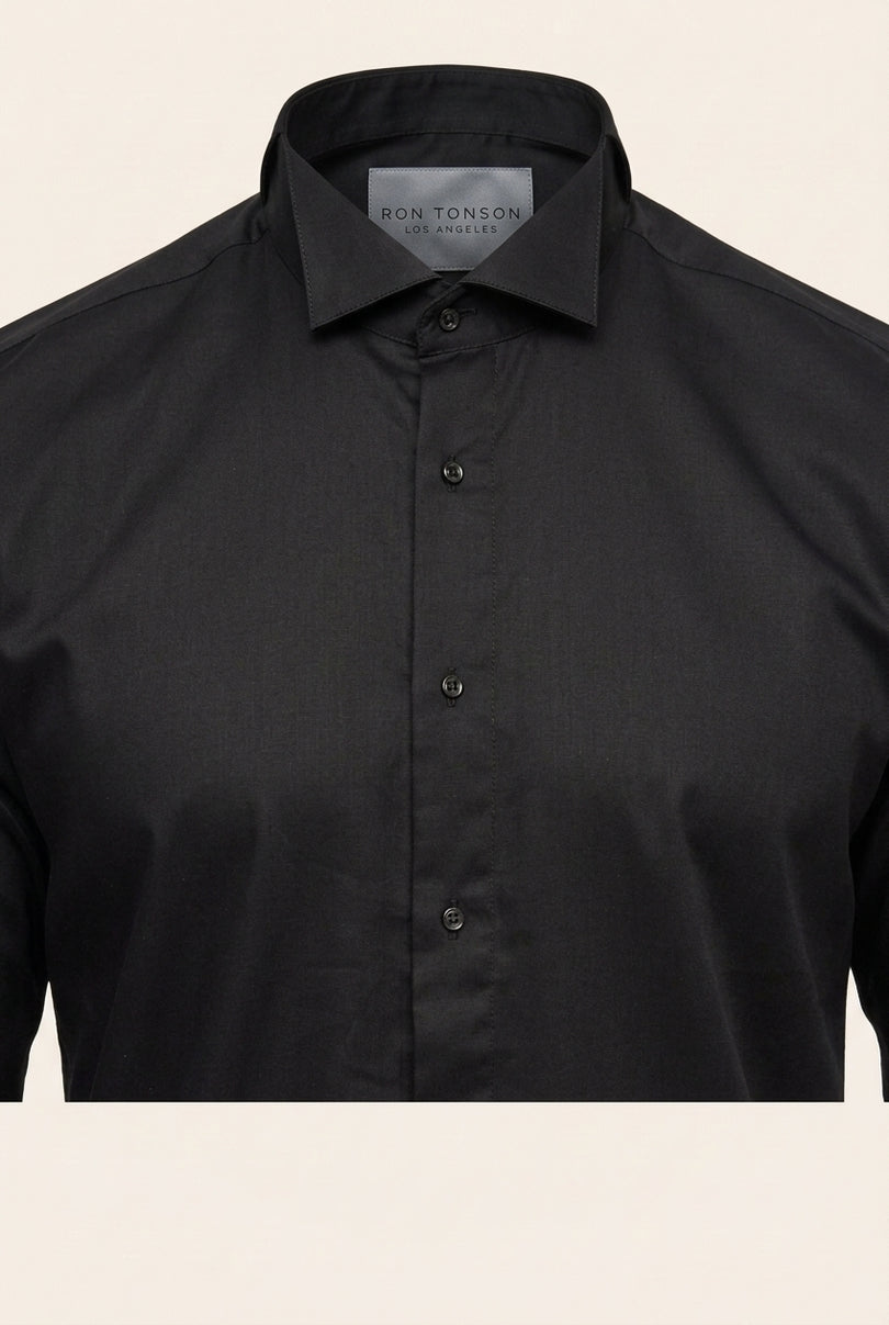 Wing Classical Top  Front Stud Tuxedo Shirt - Black - Detail