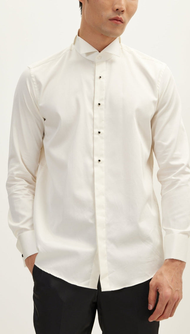 Wing Classical Top Front Stud Tuxedo Shirt - Light Beige - Ron Tomson