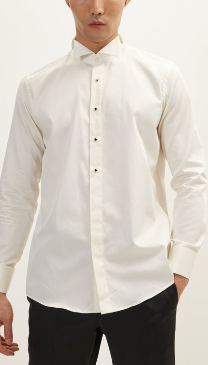 Wing Classical Top Front Stud Tuxedo Shirt - Light Beige - Ron Tomson