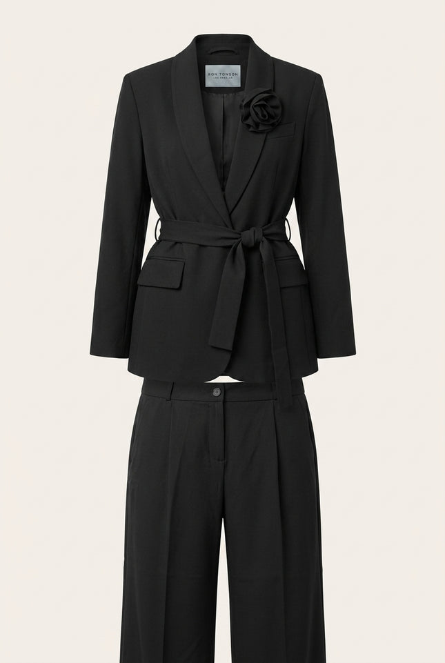 Women's Shawl Lapel Belted Suit - Black - Front