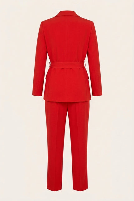 Women's Shawl Lapel Belted Suit - Red - Back
