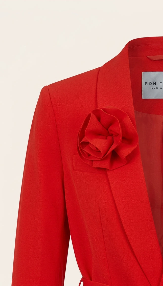 Women's Shawl Lapel Belted Suit - Red - Detail
