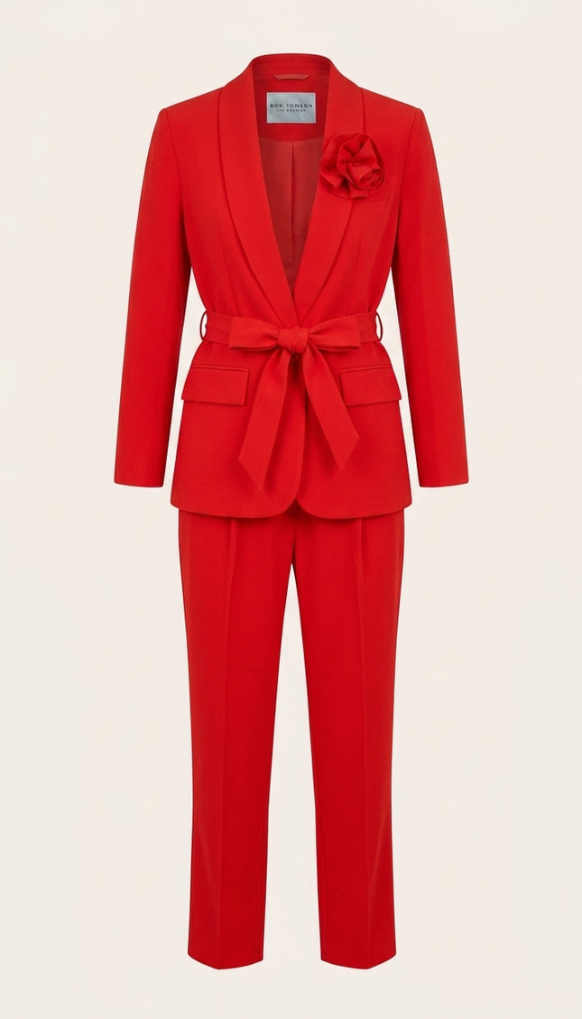 Women's Shawl Lapel Belted Suit - Red - Front