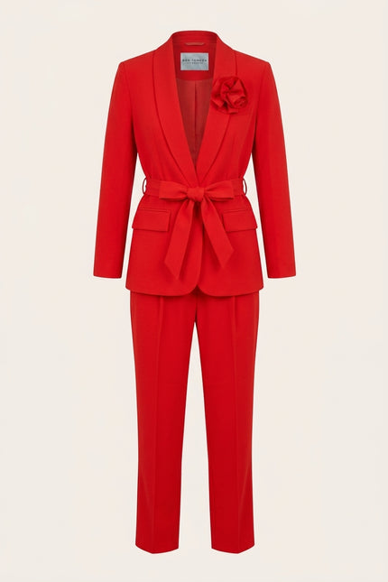 Women's Shawl Lapel Belted Suit - Red - Front
