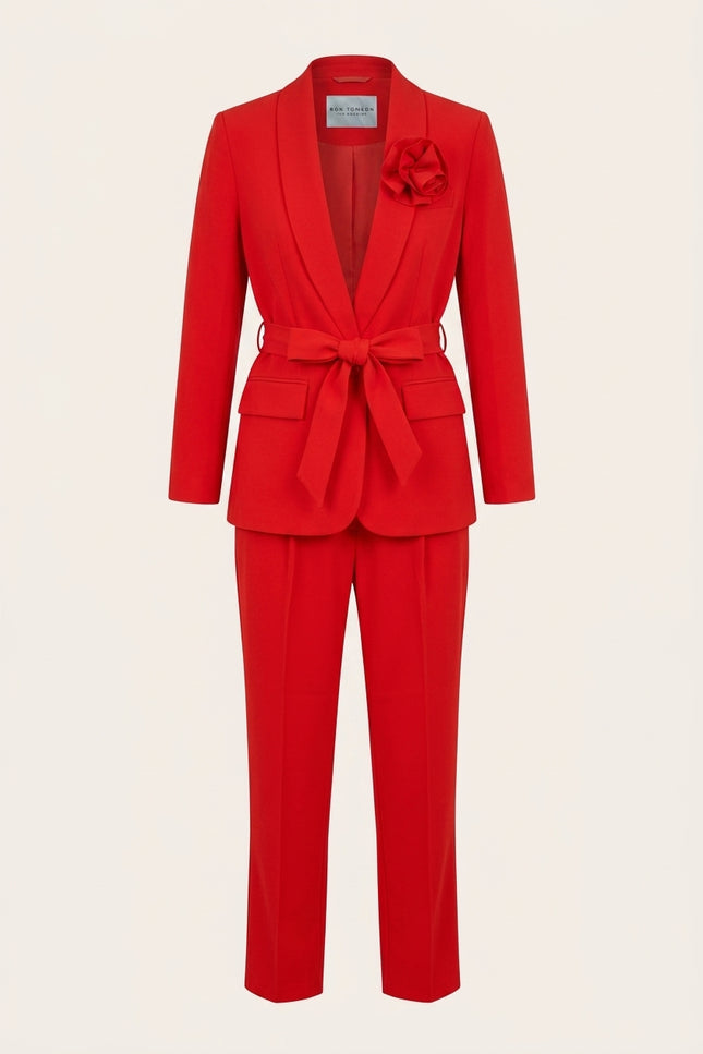 Women's Shawl Lapel Belted Suit - Red - Front