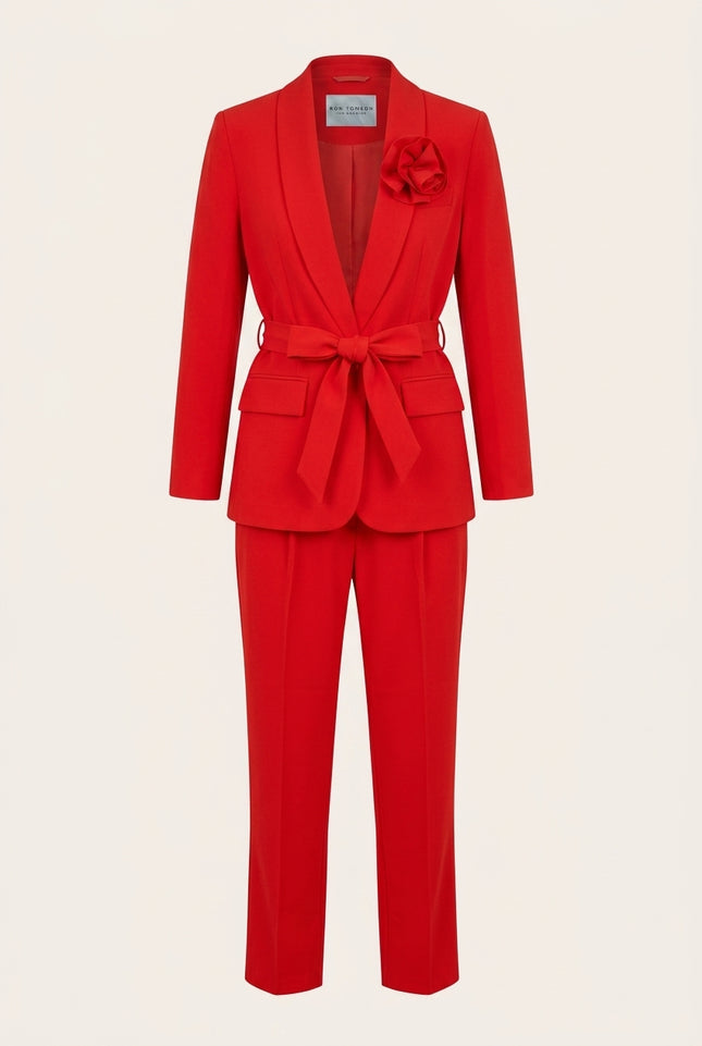 Women's Shawl Lapel Belted Suit - Red - Front