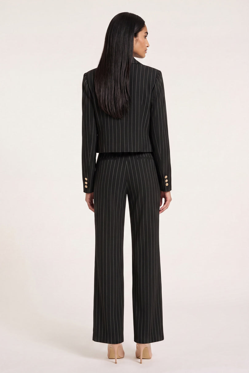 Pinstripe Double-Breasted Cropped Blazer - Black - back view