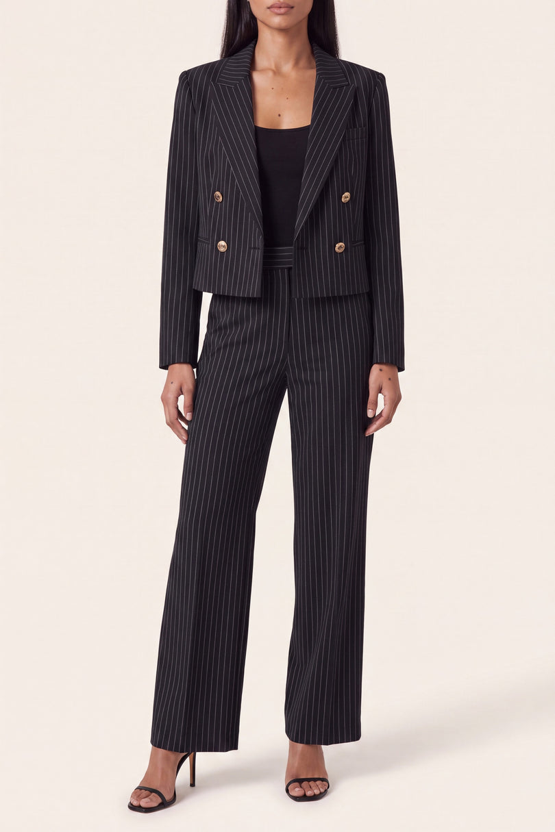 Pinstripe Double-Breasted Cropped Blazer - Black - detail view