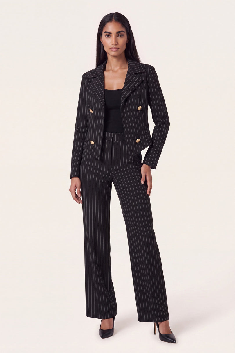 Pinstripe Double-Breasted Cropped Blazer - Black - front view