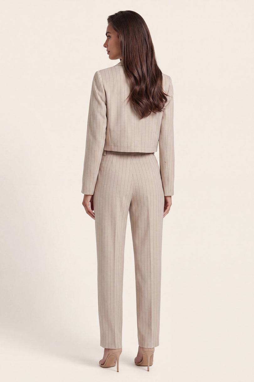 Pinstripe Double-Breasted Cropped Blazer - Stone - back view
