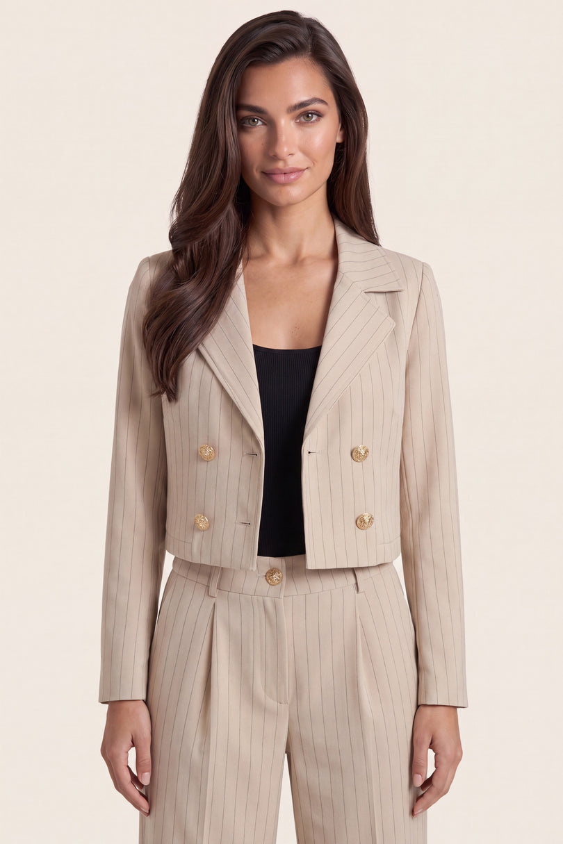 Pinstripe Double-Breasted Cropped Blazer - Stone - detail view