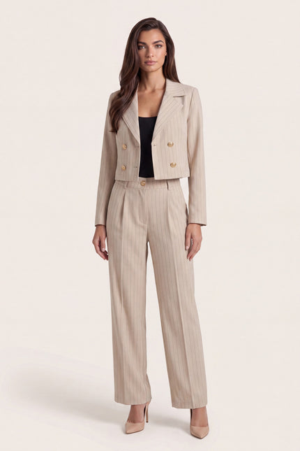 Pinstripe Double-Breasted Cropped Blazer - Stone - front view