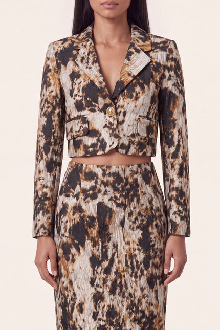 Allover Print Cropped Jacket and Skirt - Brown - detail view