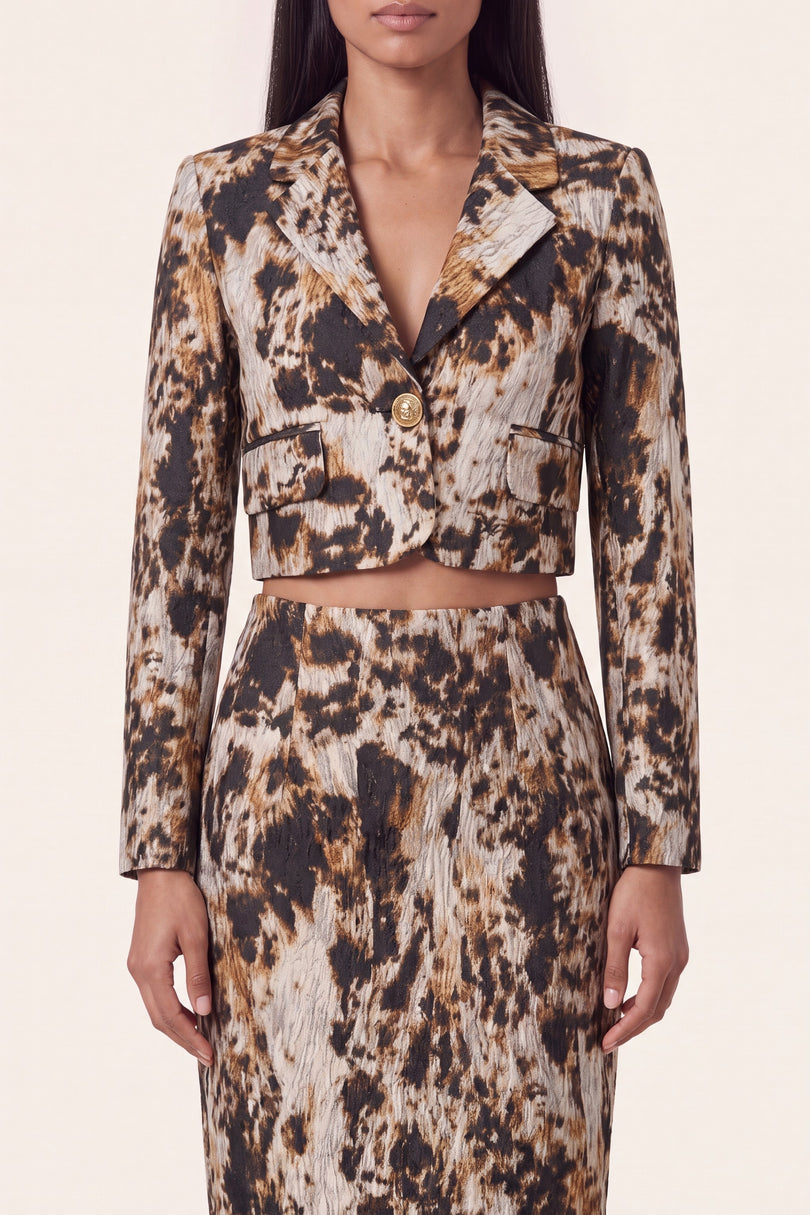 Allover Print Cropped Jacket and Skirt - Brown - detail view