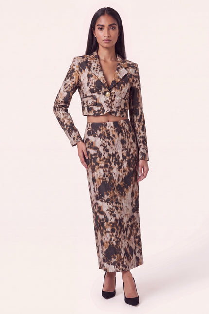 Allover Print Cropped Jacket and Skirt - Brown - front view