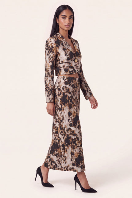 Allover Print Cropped Jacket and Skirt - Brown - side view