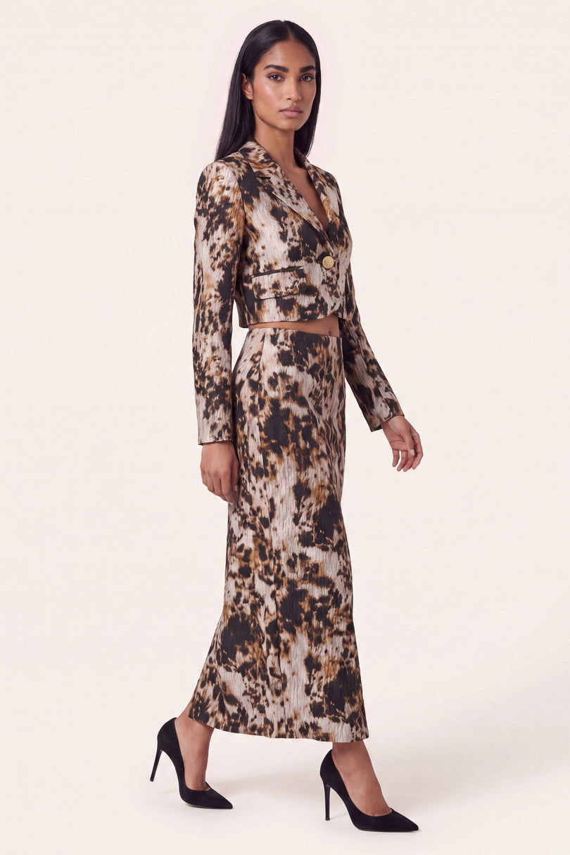 Allover Print Cropped Jacket and Skirt - Brown - side view