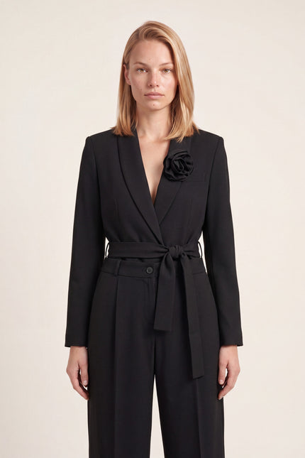Women's Shawl Lapel Belted Suit - Black - detail view