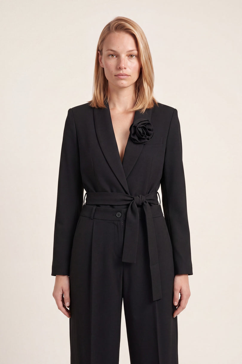 Women's Shawl Lapel Belted Suit - Black - detail view