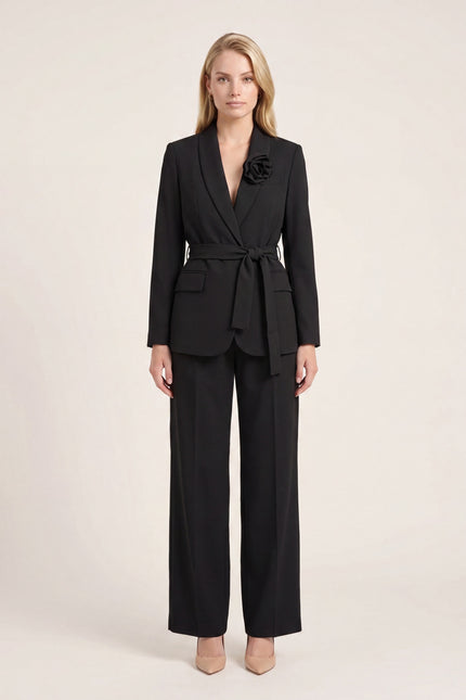 Women's Shawl Lapel Belted Suit - Black - front view