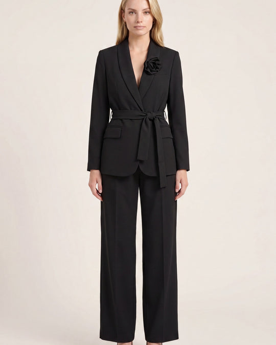 Women's Shawl Lapel Belted Suit - Black - front view