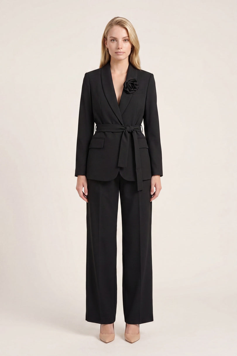 Women's Shawl Lapel Belted Suit - Black - front view