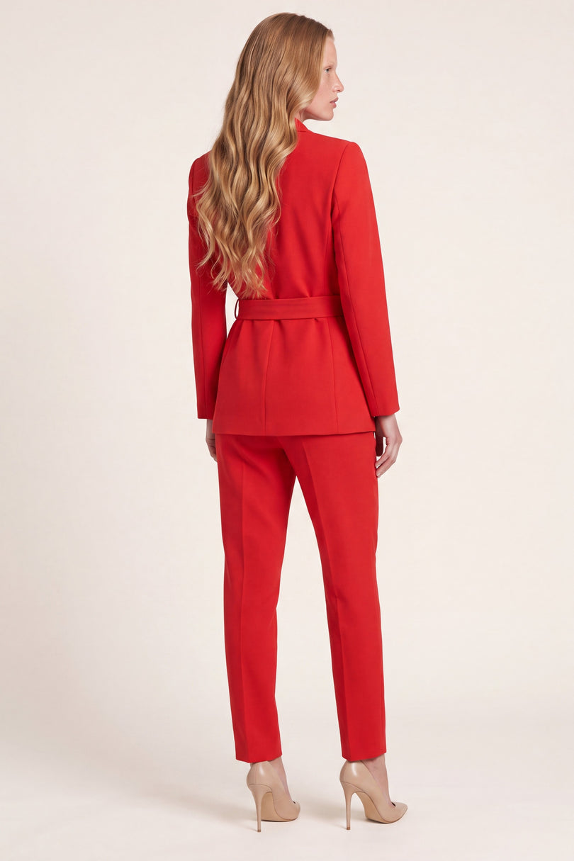Women's Shawl Lapel Belted Suit - Red - back view